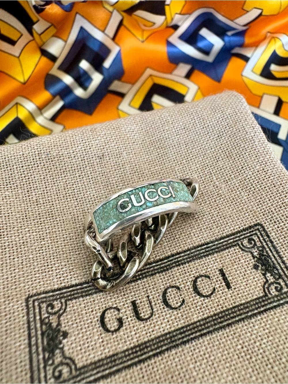 AUTHENTIC GUCCI Plate Ring RARE SET Teal 925 Silver Sz 9 Turquoise Green Inlay - Picture 4 of 10